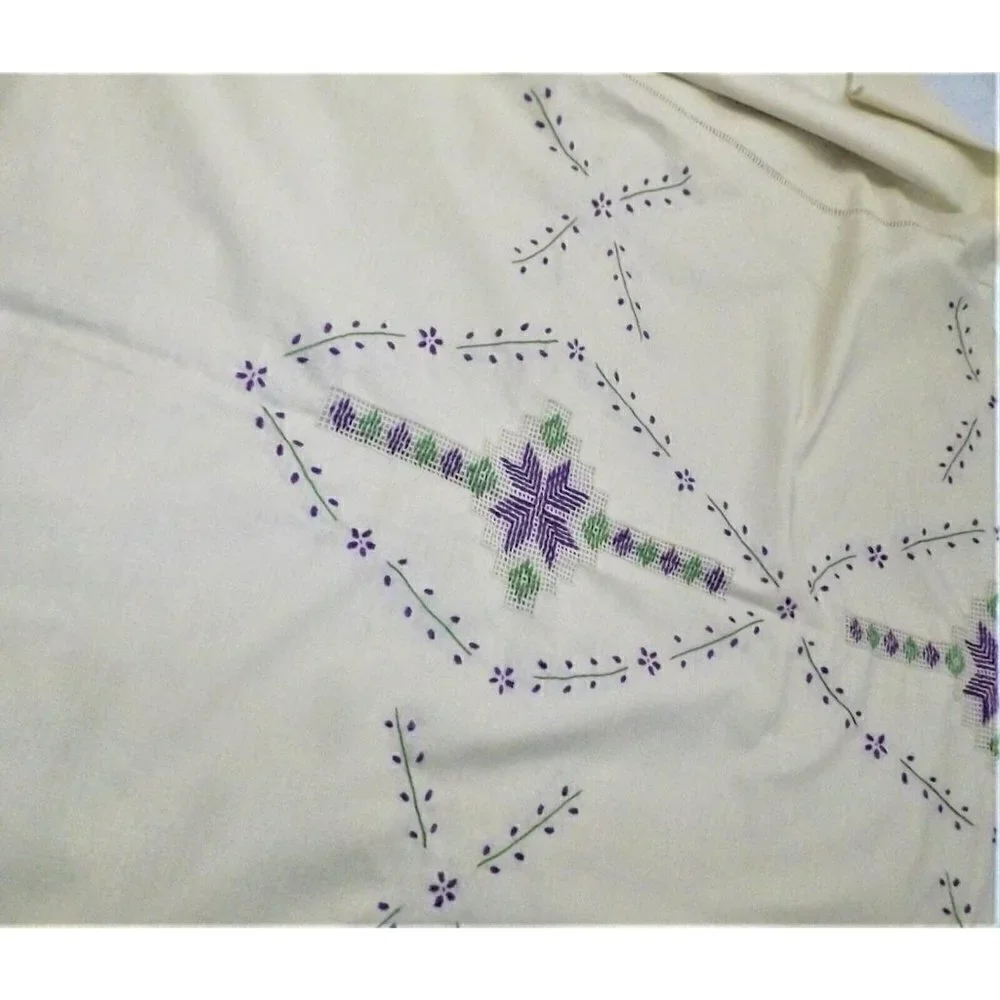 Vintage Embroidered 52 X 68 Beige Linen Tablecloth Purple and Green Design